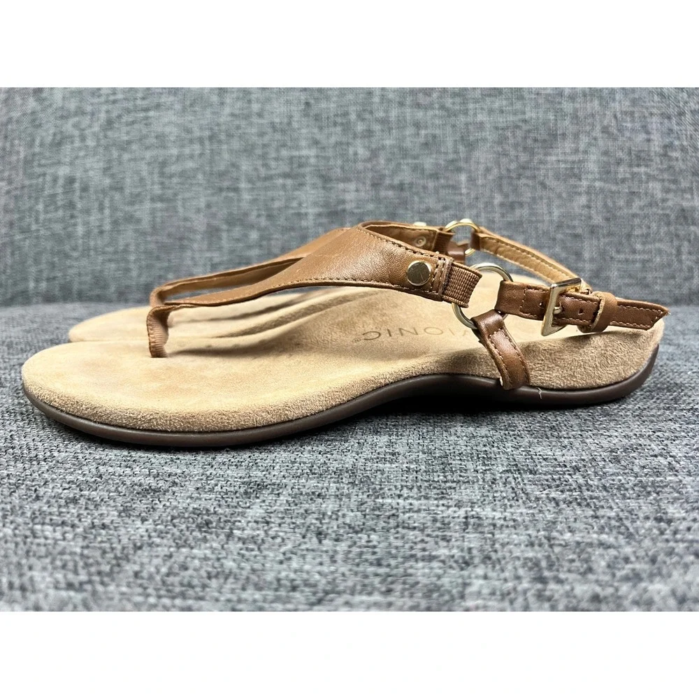 Vionic Kirra Tan Leather Backstrap Thong Sandals Womens 7 Orthotic Support